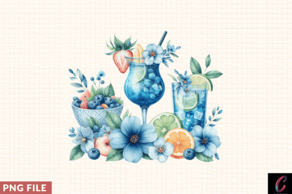 Blue Cocktail Fruits and Flowers Clipart