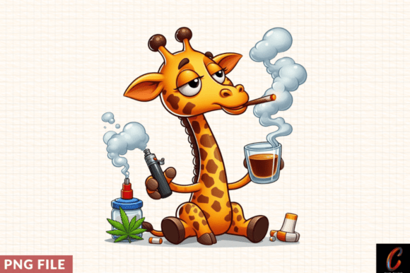 Cartoon Giraffe Sipping Drink Smoking