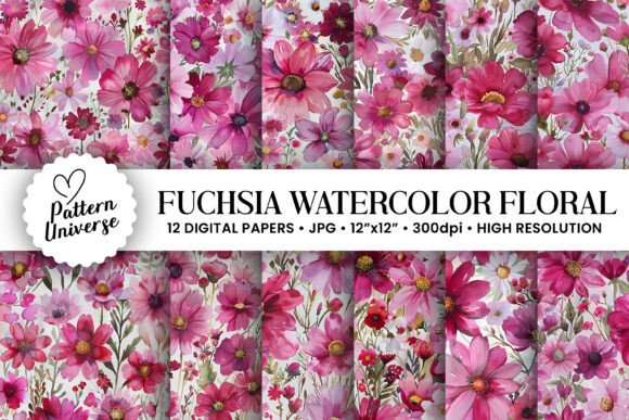 Fuchsia Watercolor Flowers Pattern