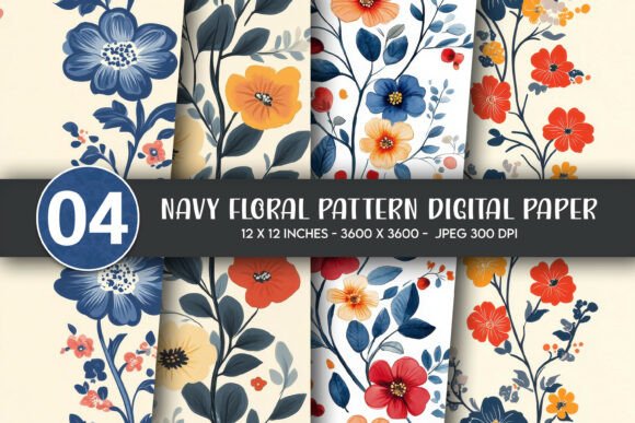 Navy Floral Pattern Digital Paper for Creative Projects