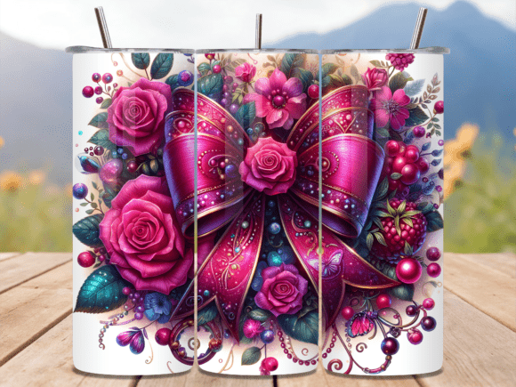 Pink Roses Glitter Bow Tumbler Wrap