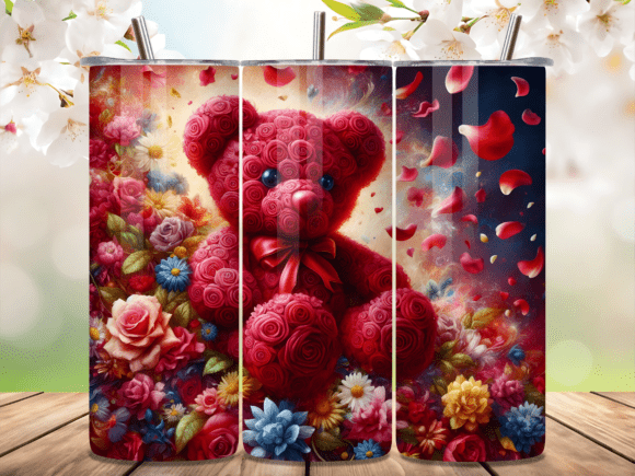 Romantic Red Rose Bear Flower Tumbler