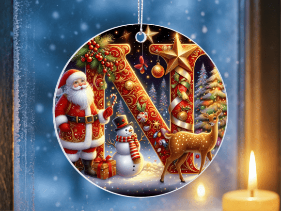 Santa Reindeer Monogram N Ornament PNG